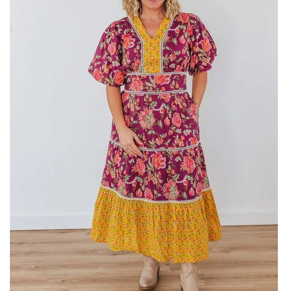 THML Floral Tiered Midi Dress M Prairie Puff Sleeve Crochet Trim Cotton Plum